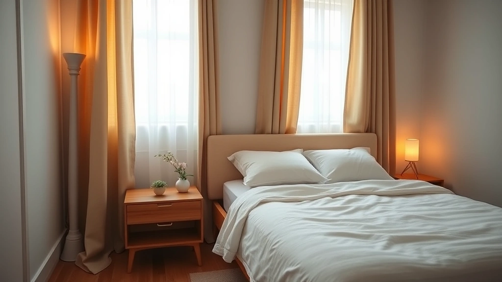 Organized minimalist bedroom with neatly made bed, clear nightstand, soft warm lighting through curtains, embodying healthy sleep environment and good evening routines