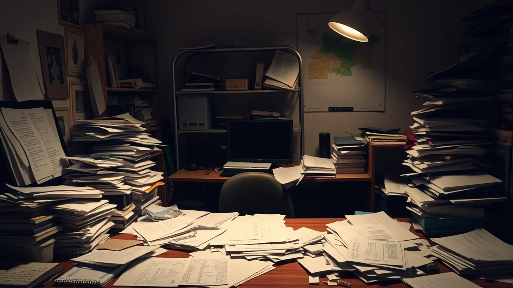 Cluttered desk workspace with papers scattered, multiple items piled up, dim lighting, contrasting with a small organized section showing the impact of environmental chaos on productivity