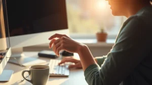A person sitting at a desk with a computer, hand reaching toward a coffee cup, morning sunlight streaming through a window, showing a moment of temptation or automatic behavior