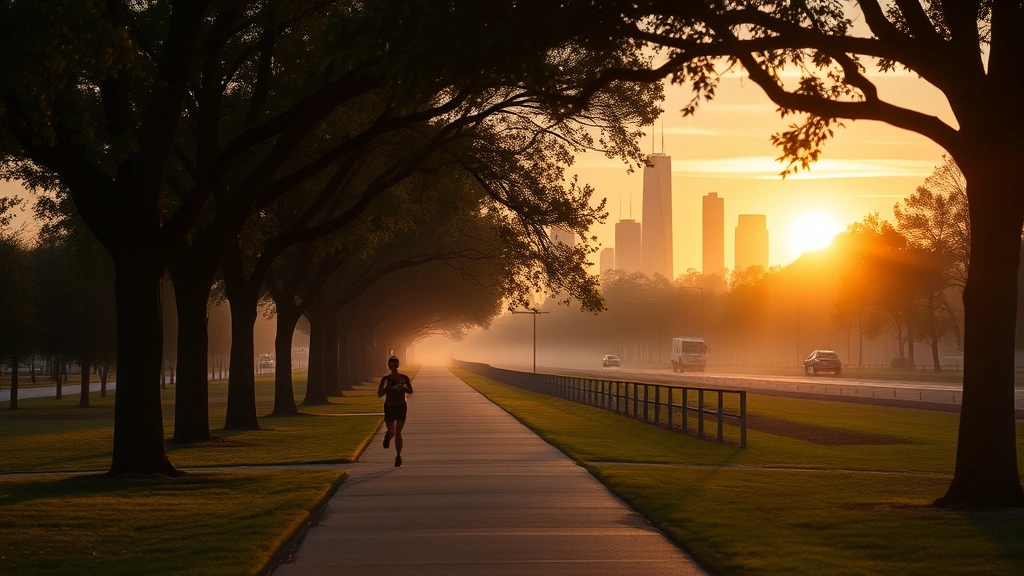 An early morning scene in Houston showing a jogger running along a tree-lined path as the sun rises, with downtown skyline visible in the distance through morning mist
