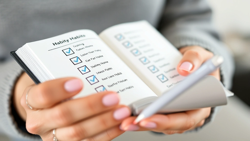 A close-up of hands holding a journal with a pen, showing someone tracking daily habits with checkmarks, representing accountability and progress measurement