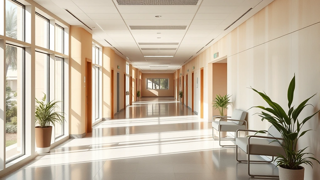 Serene hospital corridor with soft natural lighting, modern clean architecture, warm neutral tones, comfortable seating areas visible, plants in corners, peaceful and welcoming atmosphere