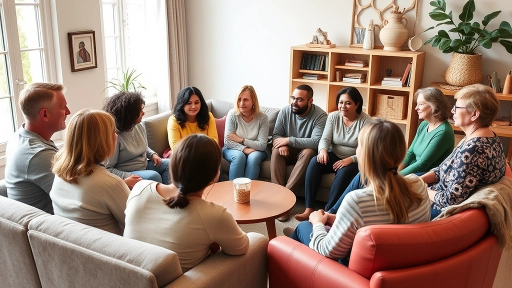 Group of diverse people sitting in circle in comfortable living room setting with natural light, engaged in conversation, supportive body language, cozy furniture, welcoming atmosphere