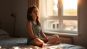 Person sitting peacefully by a window with natural morning light, hands resting on lap, serene expression, minimalist bedroom setting, warm sunlight streaming in
