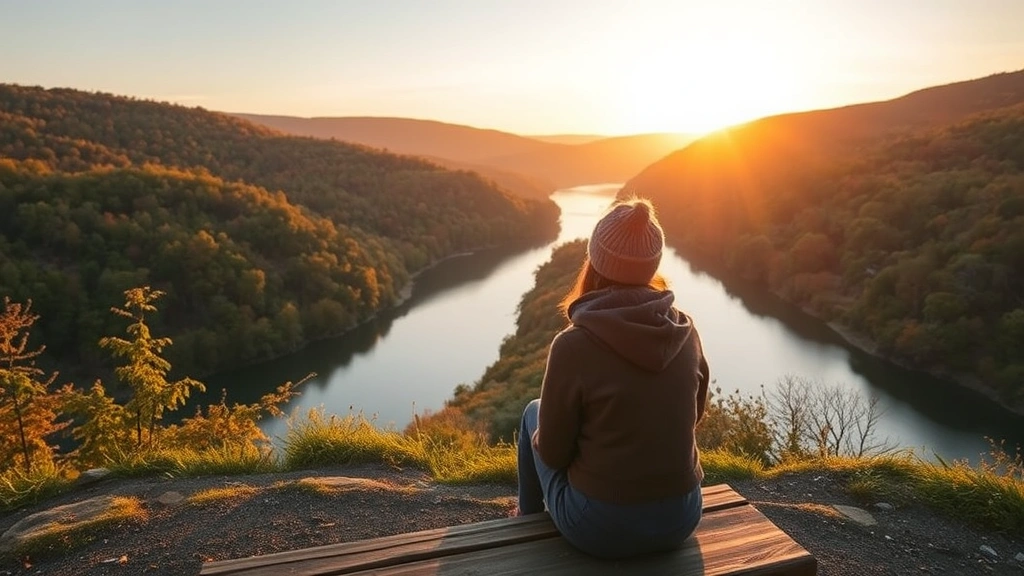 Peaceful person sitting on a wooden bench overlooking a calm river valley during golden hour, surrounded by autumn foliage, serene expression of contentment
