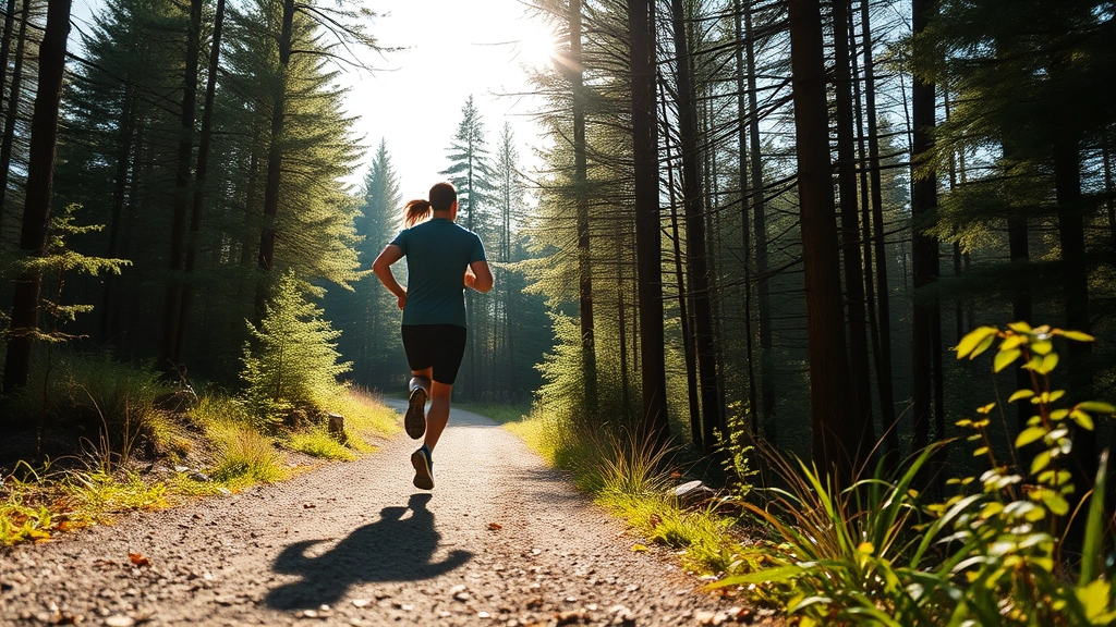 Person jogging on a scenic forest trail with natural light filtering through trees, experiencing outdoor wellness and movement in nature