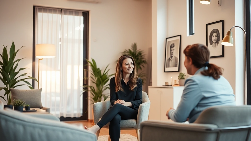 Therapist and client in a modern, warmly-lit office space having a conversation, professional mental health consultation setting with comfortable furniture