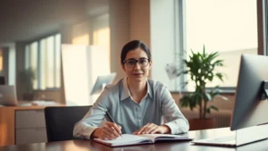 Serene professional in modern office environment, sitting at desk with notepad, warm lighting, calm focused expression, minimalist background suggesting mental clarity and professional expertise