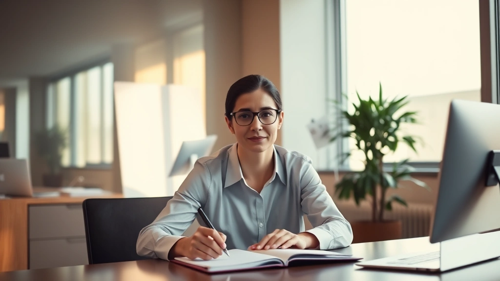 Serene professional in modern office environment, sitting at desk with notepad, warm lighting, calm focused expression, minimalist background suggesting mental clarity and professional expertise