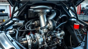 Modern automotive engine bay with turbocharger and precision tuning components, professional workshop lighting, metallic surfaces catching light, no text or branding visible