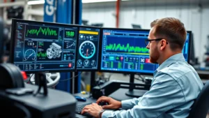Professional automotive technician working at computer workstation displaying digital engine parameters and performance data on multiple monitors, precision environment