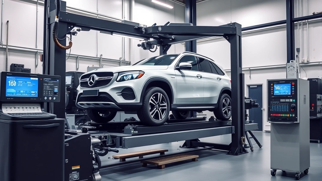 Professional dynamometer testing station with powerful vehicle mounted, digital display screens showing performance metrics, technical precision environment, clean industrial setting