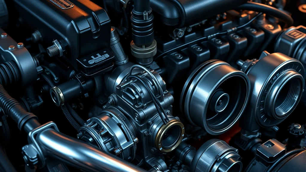 Detailed close-up of turbocharged engine components showing intricate mechanical parts, fuel injectors, and intake manifold, dramatic lighting highlighting engineering precision