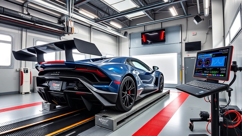 Modern automotive dynamometer testing facility with high-performance vehicle on dyno, data acquisition equipment visible, professional technical environment with performance metrics displayed