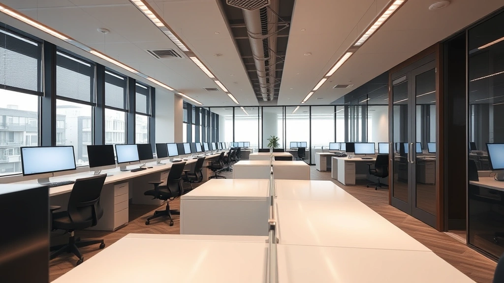 Minimalist banking office interior with modern computer workstations, soft natural lighting, clean desks, professional atmosphere, contemporary design aesthetic