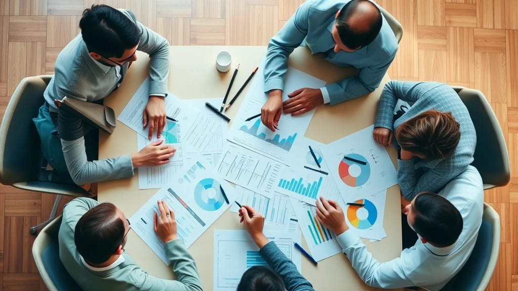 Overhead view of business professionals reviewing financial documents and charts at conference table, collaborative workspace, warm lighting, focused concentration