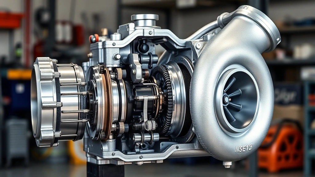Professional diesel engine turbocharger cross-section showing internal components, metallic finish, detailed mechanical precision, workshop lighting, no text