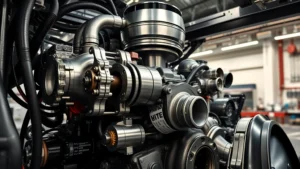 Professional diesel engine bay with turbocharger and fuel injection system components visible, clean modern workshop lighting, photorealistic detail of precision engineering