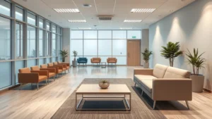Serene modern psychiatric clinic waiting room with comfortable seating, soft lighting, and calming neutral tones, empty of people, photorealistic