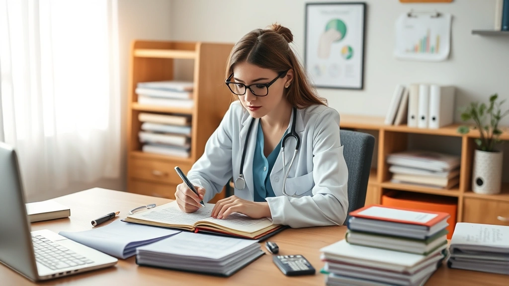 Mental health professional in clinical setting reviewing patient notes and treatment plans at organized desk with medical records, photorealistic