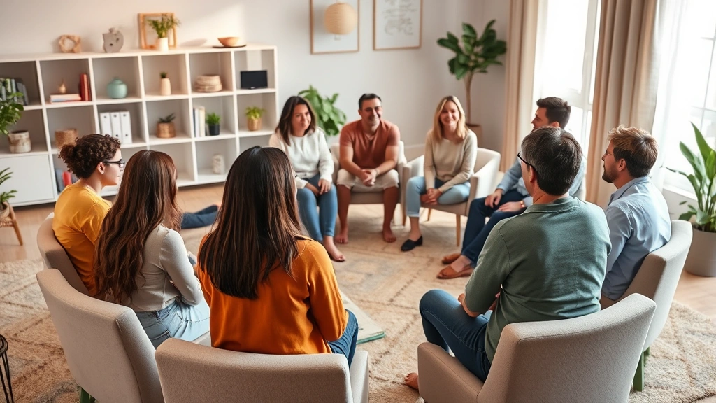 Diverse group therapy session in progress with people sitting in circle in comfortable therapeutic space, focusing on connection and support, photorealistic