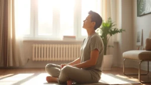 A person sitting peacefully in a sunlit room, looking contemplative and serene, with soft natural lighting streaming through windows, conveying mental clarity and wellness without any pharmaceutical imagery
