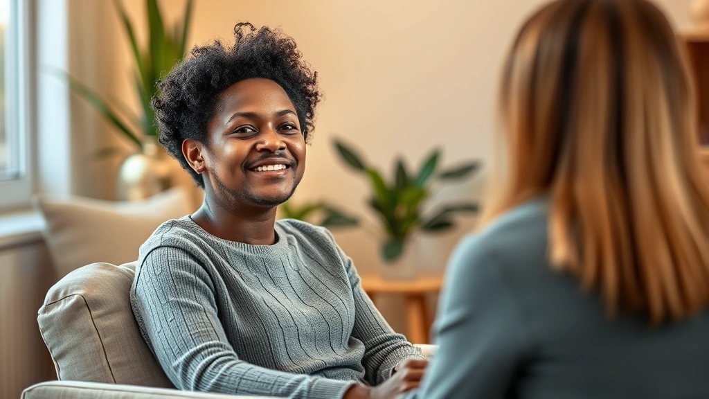 A person in a therapy or counseling session environment, seated comfortably, appearing engaged and hopeful, with warm lighting suggesting support and professional mental health care