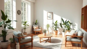 Peaceful therapy session room with natural light, comfortable seating, plants, and calming interior design creating safe clinical environment