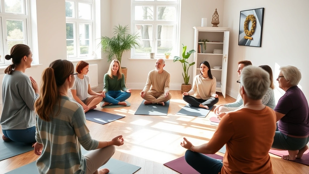 Group of diverse individuals in supportive circle during wellness activity like yoga or meditation in bright, welcoming space