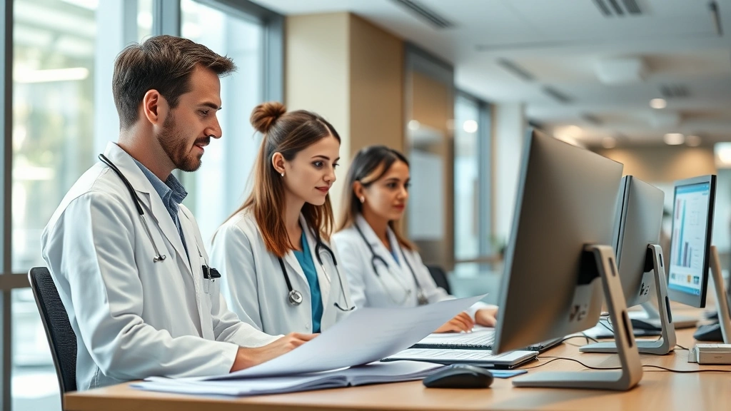 Professional clinical staff reviewing treatment plans and medical records at modern healthcare facility desk with computers