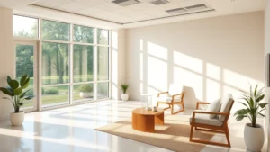 Calm, serene healthcare environment with soft natural lighting, peaceful therapy room with comfortable seating and large windows overlooking nature, no people visible