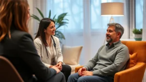Professional mental health clinician in warm, inviting office setting with soft lighting, client seated comfortably during therapy session, genuine therapeutic connection visible through body language and expressions