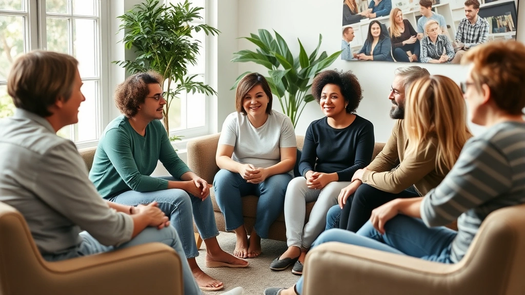 Diverse group of people in supportive group therapy circle, engaged in meaningful conversation, natural light from windows, comfortable seating arrangement, sense of community and shared understanding
