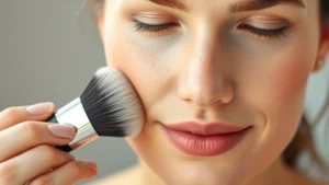 Woman applying liquid foundation with brush, smooth blending motion, natural lighting, close-up of face showing even application and radiant skin texture