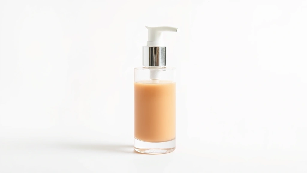 Liquid foundation bottle with pump dispenser, golden-hued product visible, minimalist white background, professional product photography style