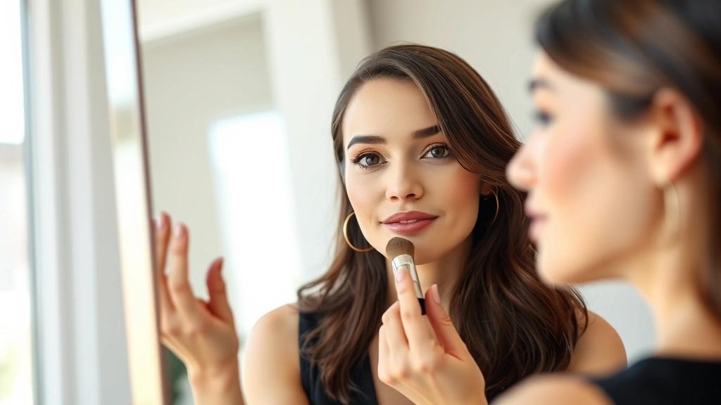 Person checking makeup in mirror, natural daylight, showing foundation finish on face from multiple angles, confident expression, professional setting