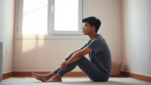 A young person sitting alone in a quiet room with soft natural light coming through a window, looking contemplative and peaceful, surrounded by minimalist decor, conveying isolation and introspection
