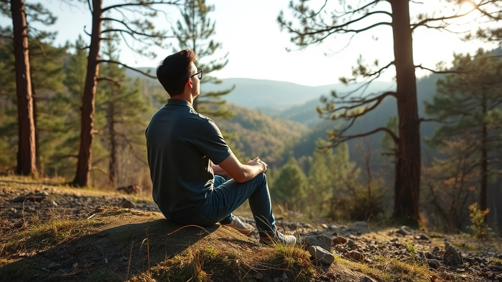 Person sitting peacefully in nature, surrounded by trees and natural landscape, reflecting on personal growth and mental wellness during a calm moment