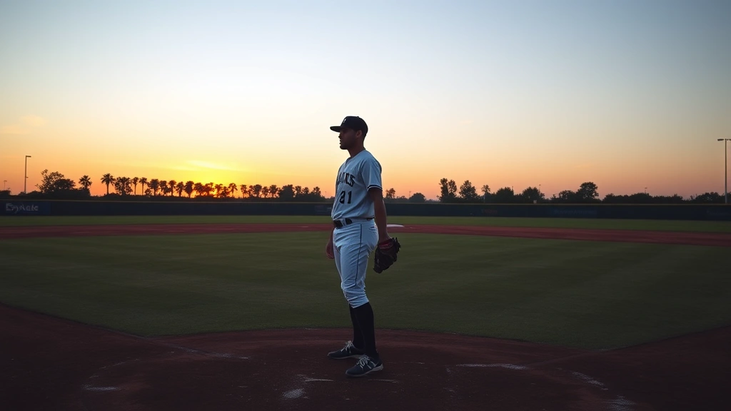 Baseball player standing alone in outfield at sunrise, contemplative posture, glove held at side, expansive empty field stretching toward horizon, solitary determination