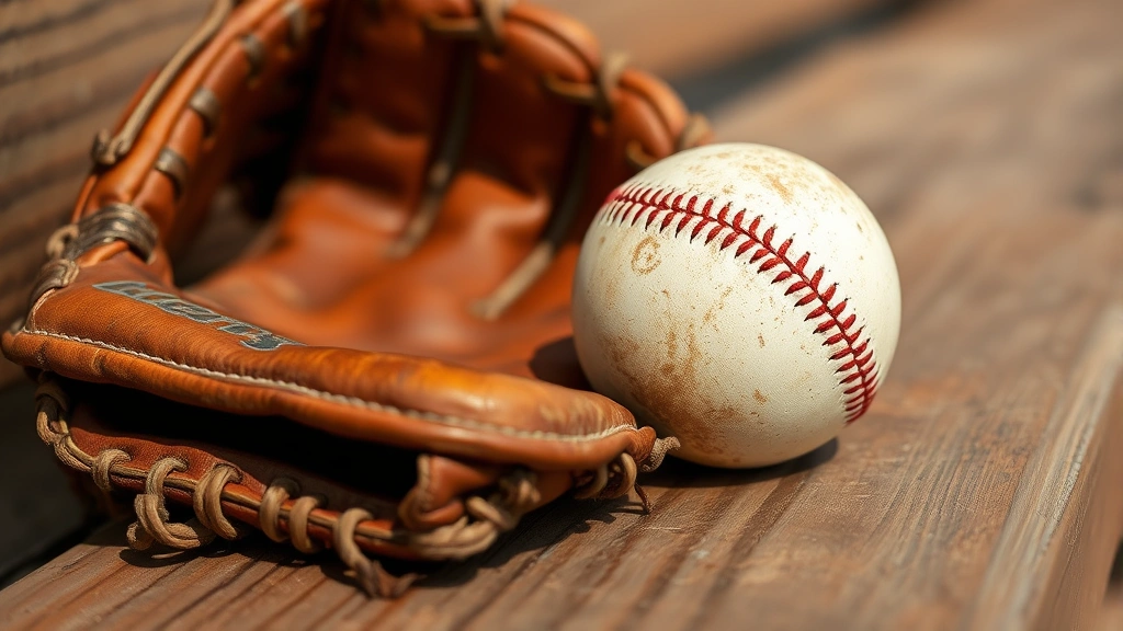 Close-up of weathered baseball glove and worn baseball on wooden dugout bench, natural lighting highlighting texture and detail, embodying experience and practice