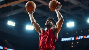 A basketball player in mid-jump shot, silhouetted against stadium lights, focused expression, ball leaving fingertips mid-arc, intense concentration, professional arena setting