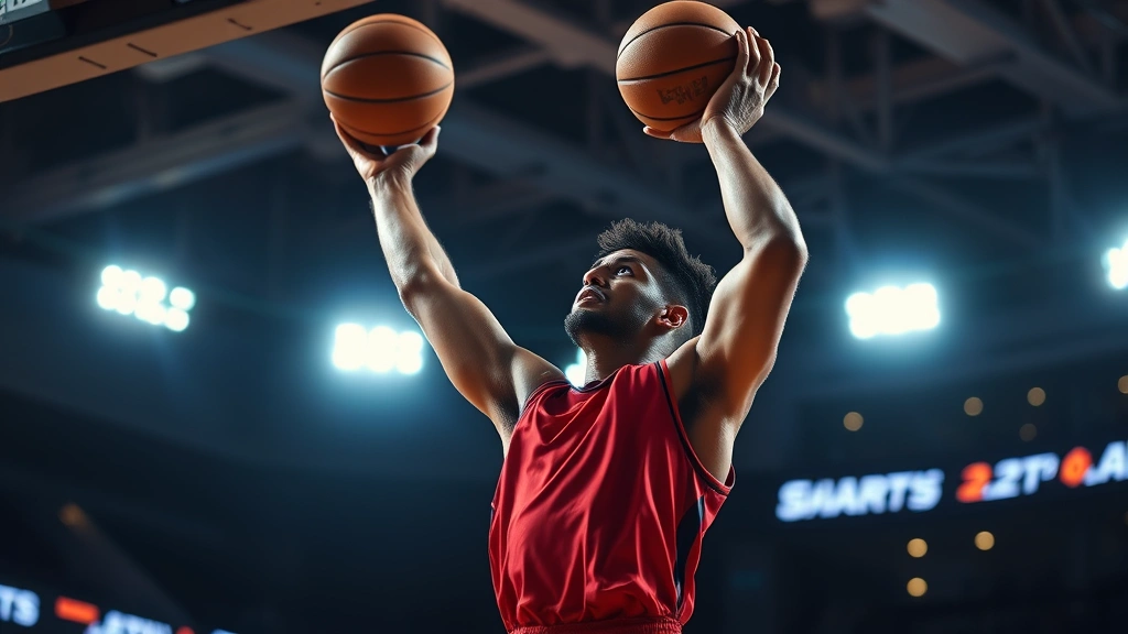 A basketball player in mid-jump shot, silhouetted against stadium lights, focused expression, ball leaving fingertips mid-arc, intense concentration, professional arena setting