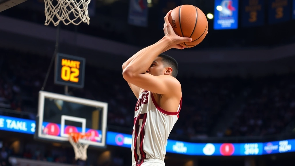 A basketball player in mid-jump shot during a game, focused expression, intense lighting, professional arena setting with blurred crowd background