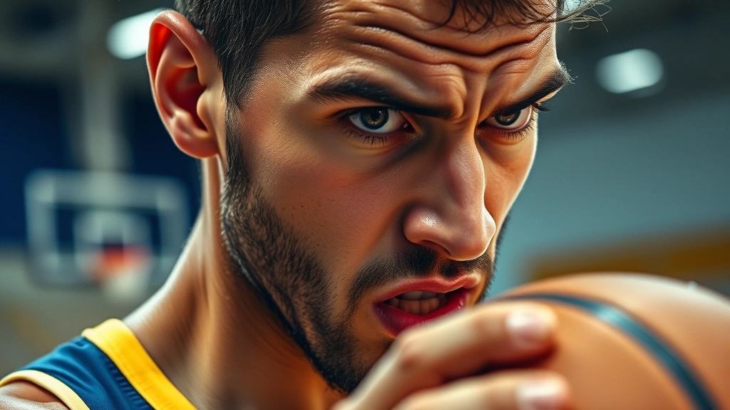 Close-up of a basketball player's determined face during intense practice, sweat visible, gripping a basketball, showing pure focus and mental intensity, training facility background