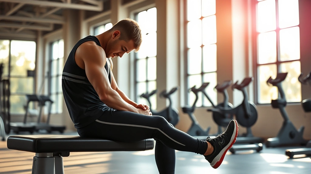 An athlete in training gear sitting on a bench in a modern gym, head bowed in contemplation, natural morning light streaming through large windows