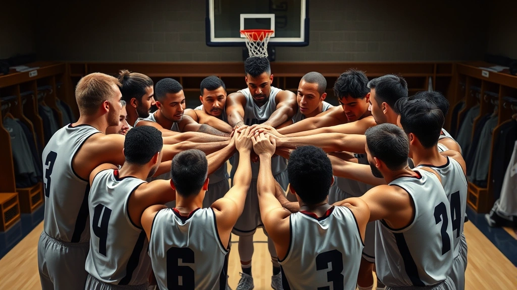 A basketball team huddled together with hands joined in center, unified moment before game, showing brotherhood and collective determination, locker room or court setting with dramatic lighting