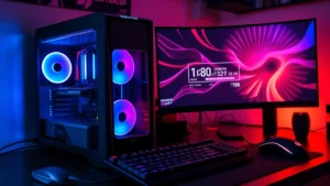High-performance gaming PC with RGB lighting, gaming monitor displaying frame rate counter, mechanical keyboard and gaming mouse on desk, professional gaming setup aesthetic