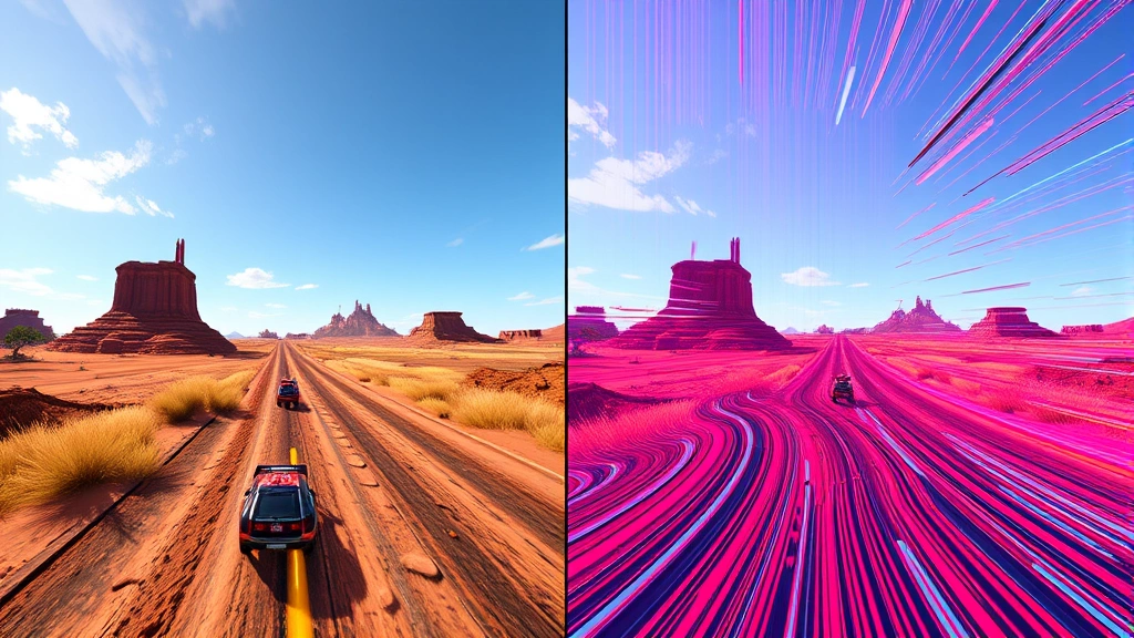 Split-screen comparison showing smooth gameplay on left side versus stuttering gameplay on right side, abstract performance visualization with smooth versus jagged lines