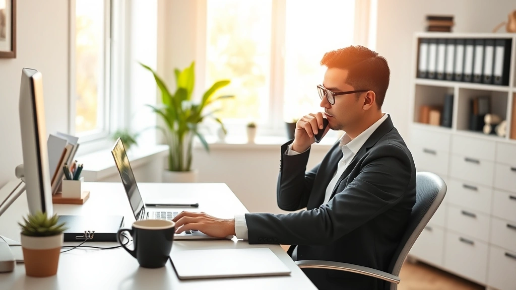 Professional focused person at desk working on laptop with coffee, natural morning light through window, calm organized workspace environment