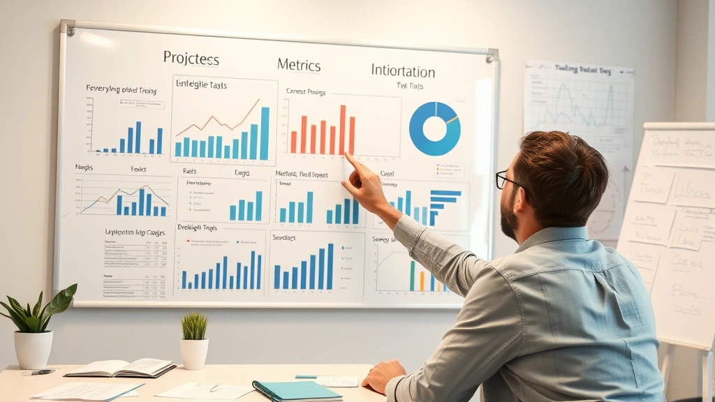 Person reviewing charts and metrics on whiteboard during strategic planning session, collaborative workspace with visible thinking process and analysis